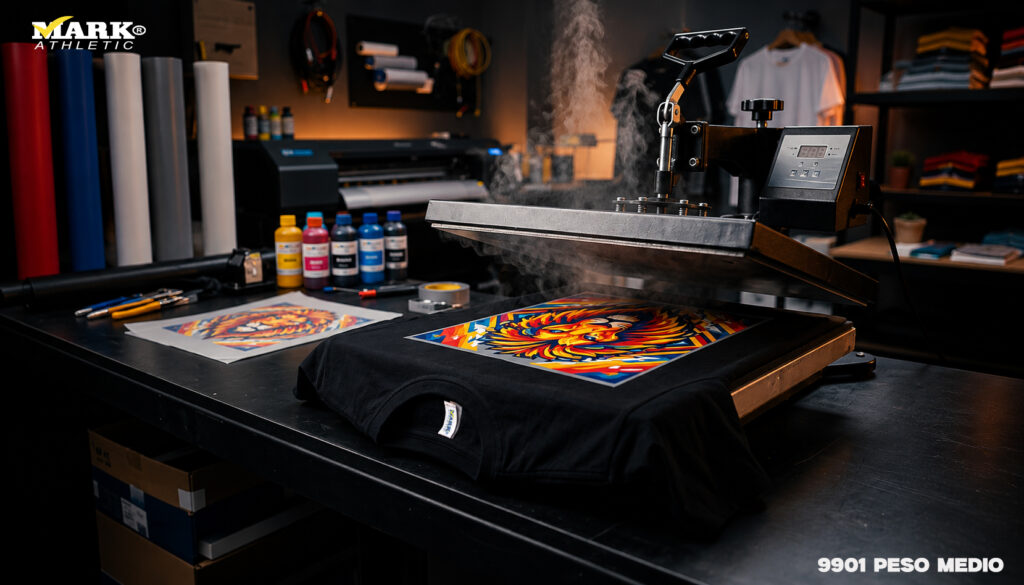 Playera 9901 peso medio para DTF en proceso de estampado textil profesional