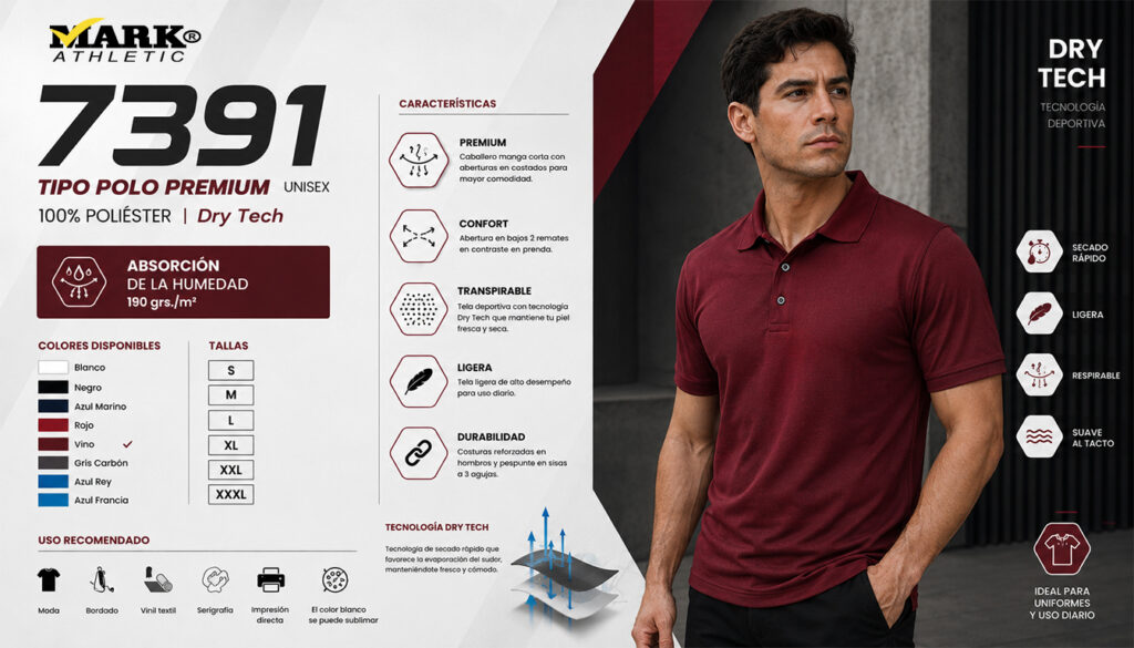 Ficha técnica de la playera 7391 Polo Premium Dry Tech color vino de Playeras Mark con modelo masculino, características técnicas, colores disponibles y beneficios para uniformes empresariales.
