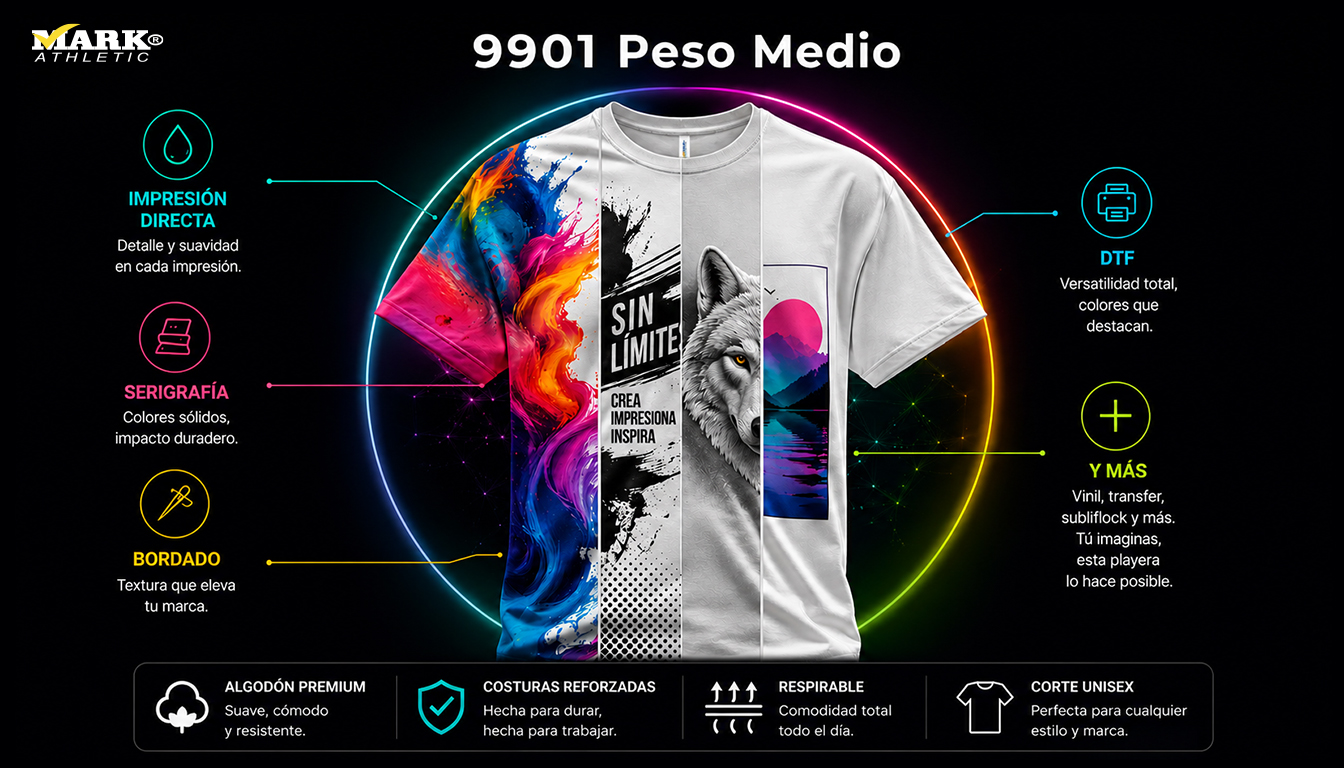 Playera 9901 peso medio compatible con DTF, serigrafía, impresión directa y bordado