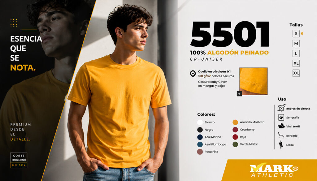 Playera 5501 de algodón peinado premium color amarillo mostaza con corte unisex moderno, ideal para DTF, serigrafía, bordado y vinil textil.