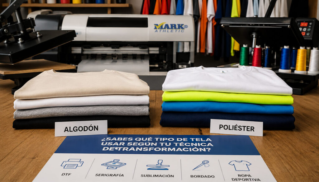 Guía para elegir la tela correcta según la técnica de transformación: DTF, serigrafía, sublimación, bordado y ropa deportiva.