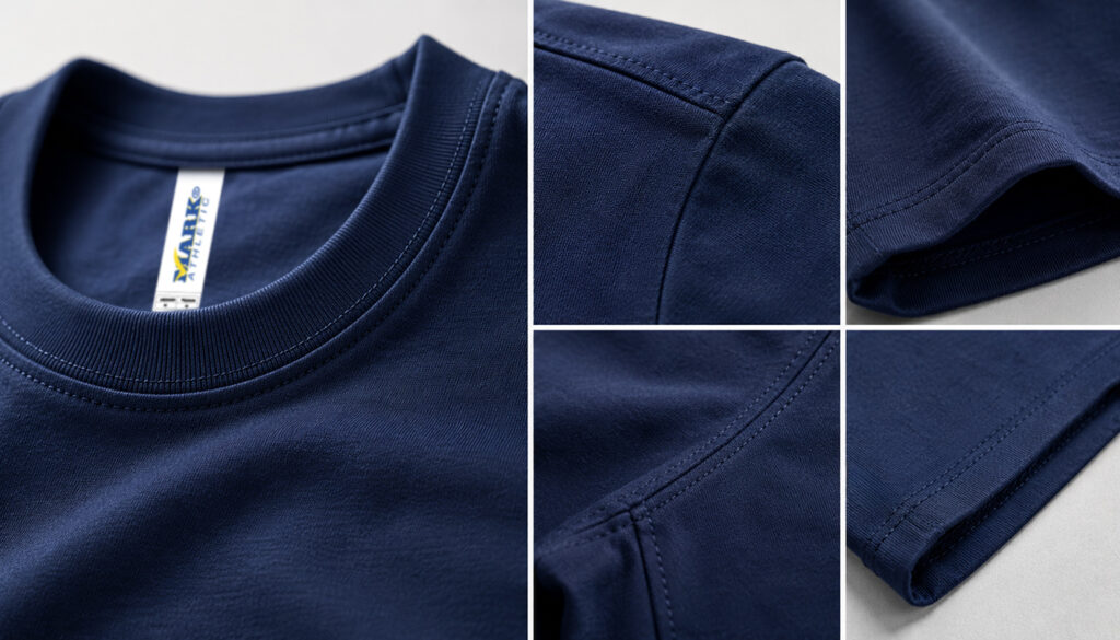 Detalle de costuras reforzadas y doble costura en una playera de algodón premium, mostrando acabados de calidad en cuello, hombros, mangas y dobladillo.