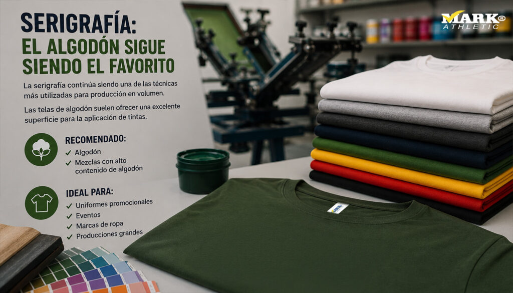 Serigrafía sobre playeras de algodón, recomendadas para uniformes promocionales, eventos, marcas de ropa y producciones en volumen.