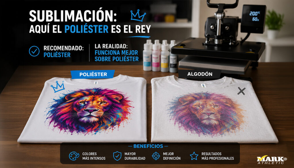 Comparativa de sublimación sobre poliéster y algodón, mostrando cómo el poliéster ofrece colores más intensos, mejor definición y mayor durabilidad.