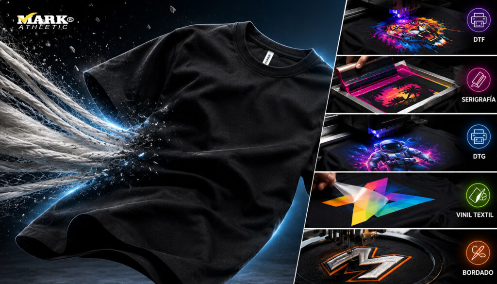 Playera premium para personalización textil mostrando resistencia de las fibras y compatibilidad con DTF, serigrafía, DTG, vinil textil y bordado.