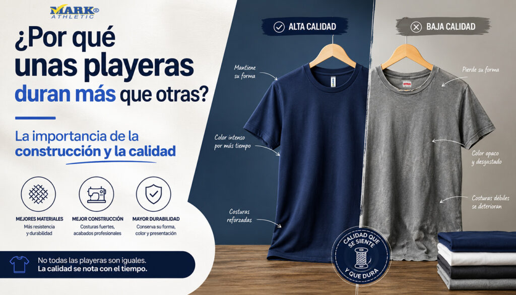 Comparación entre playeras de alta y baja calidad mostrando la importancia de la construcción, costuras y durabilidad de una prenda.