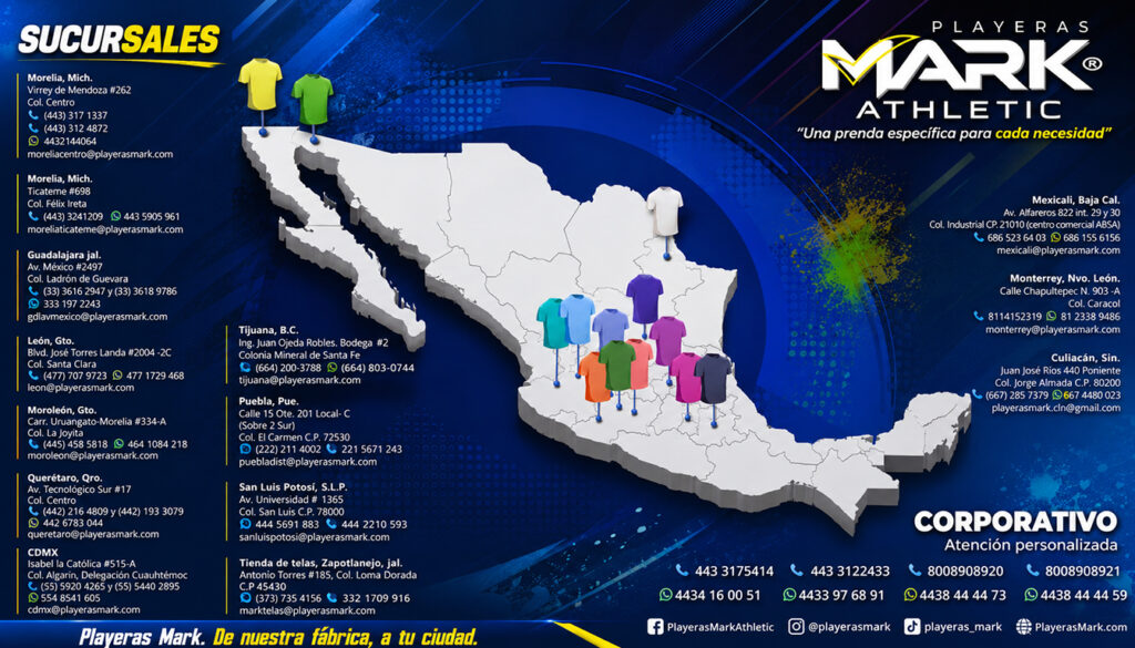 Sucursales de Playeras Mark en México con envíos nacionales de playeras para sublimación, serigrafía, bordado, DTF y uniformes empresariales.