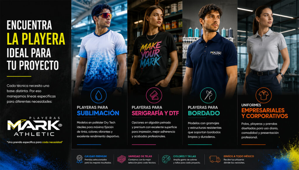 Playeras para sublimación, serigrafía, DTF, bordado y uniformes empresariales de alta calidad para diferentes proyectos en México.