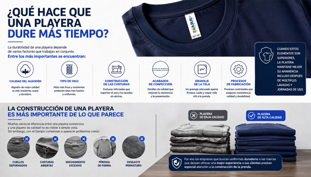 Infografía sobre los factores que determinan la durabilidad de una playera, incluyendo calidad del algodón, tipo de hilo, costuras, gramaje y procesos de fabricación.