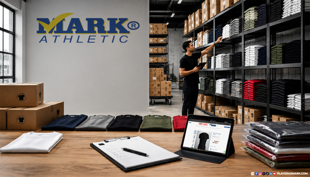 Almacén con inventario constante de playeras al mayoreo organizado por colores y tallas para surtir pedidos de forma continua.