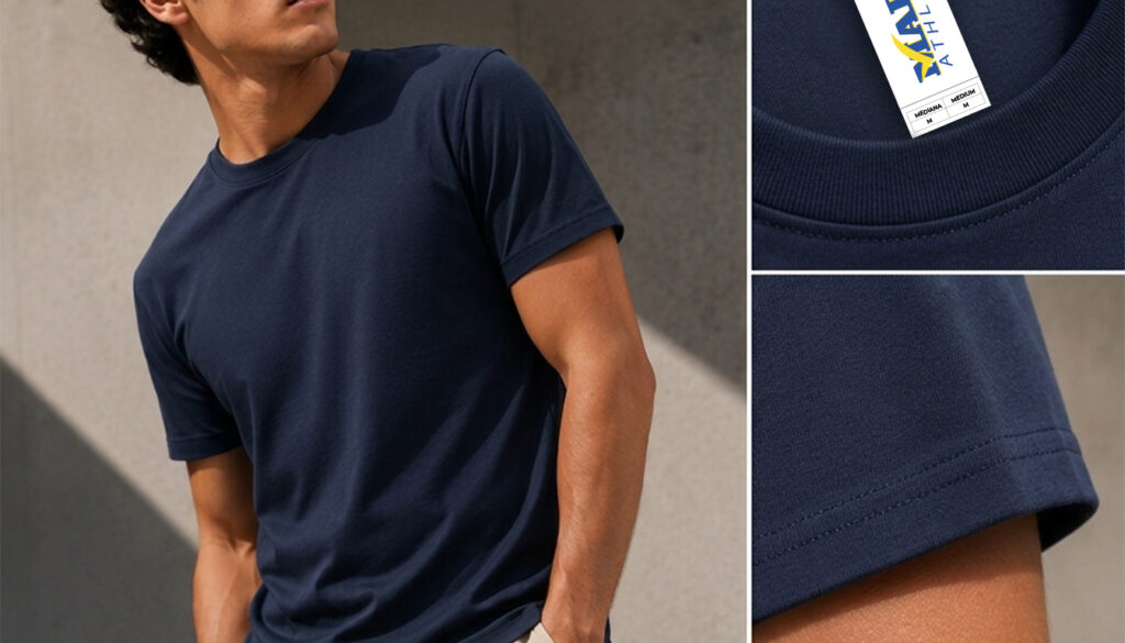 Playera Mark 9901 Peso Medio color azul marino con detalles de tela, costuras y acabado en fotografía editorial de producto.