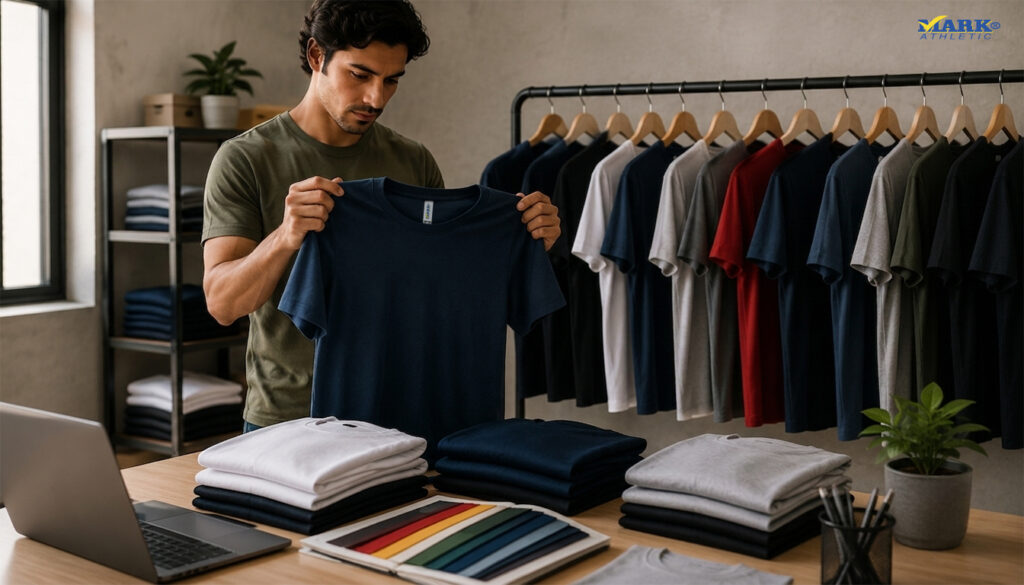 Emprendedor evaluando la calidad de una playera en Playeras Mark antes de comprar al mayoreo para su marca o uniforme.