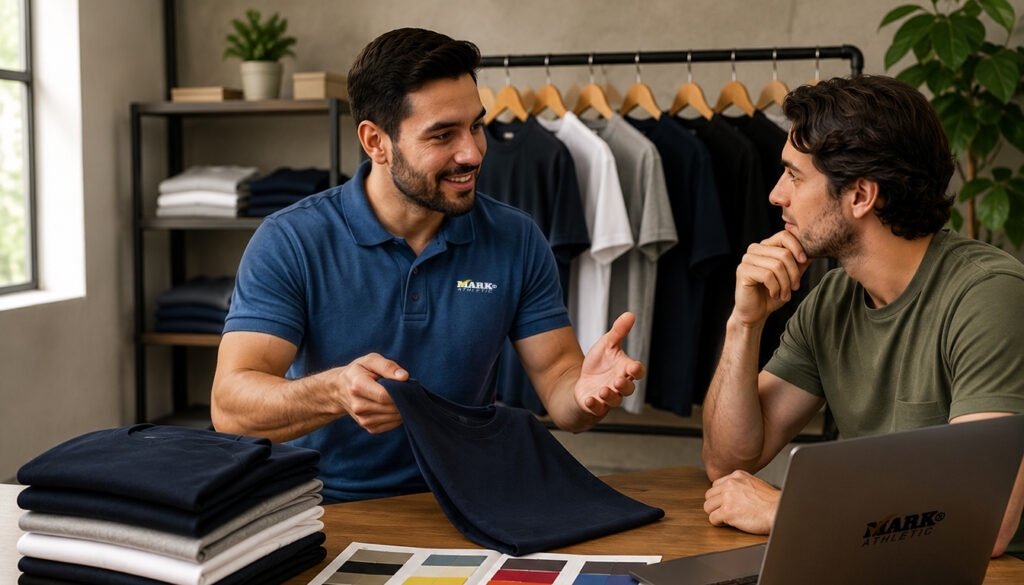 Asesor de Playeras Mark brindando asesoría personalizada a un emprendedor para elegir playeras al mayoreo según el tipo de tela, gramaje y técnica de impresión.