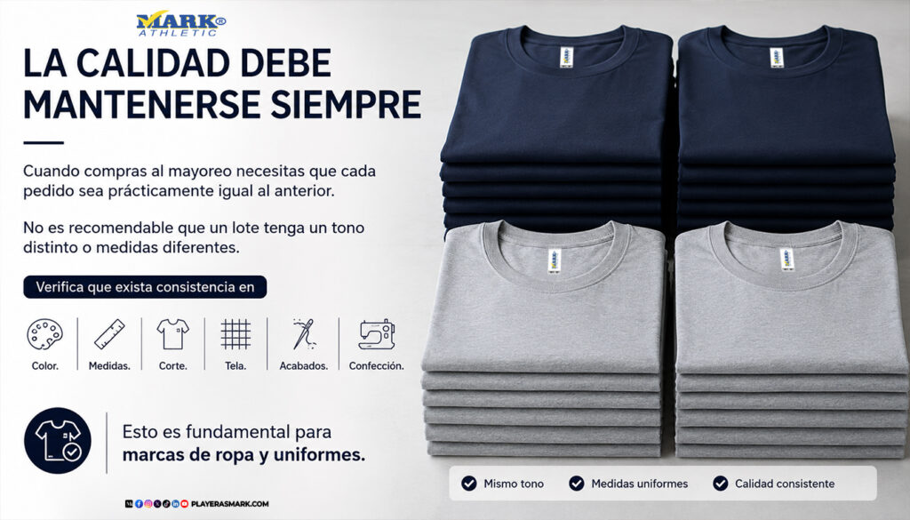 Control de calidad en Playeras Mark con playeras al mayoreo de color y medidas consistentes para uniformes, marcas de ropa y personalización.