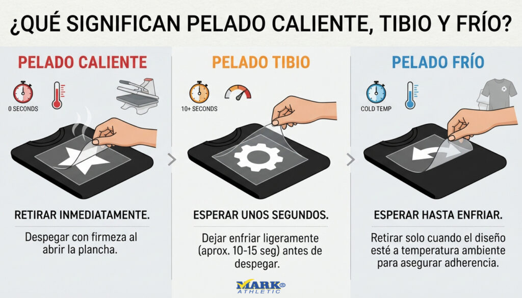 Comparación del pelado caliente, tibio y frío en vinil textil