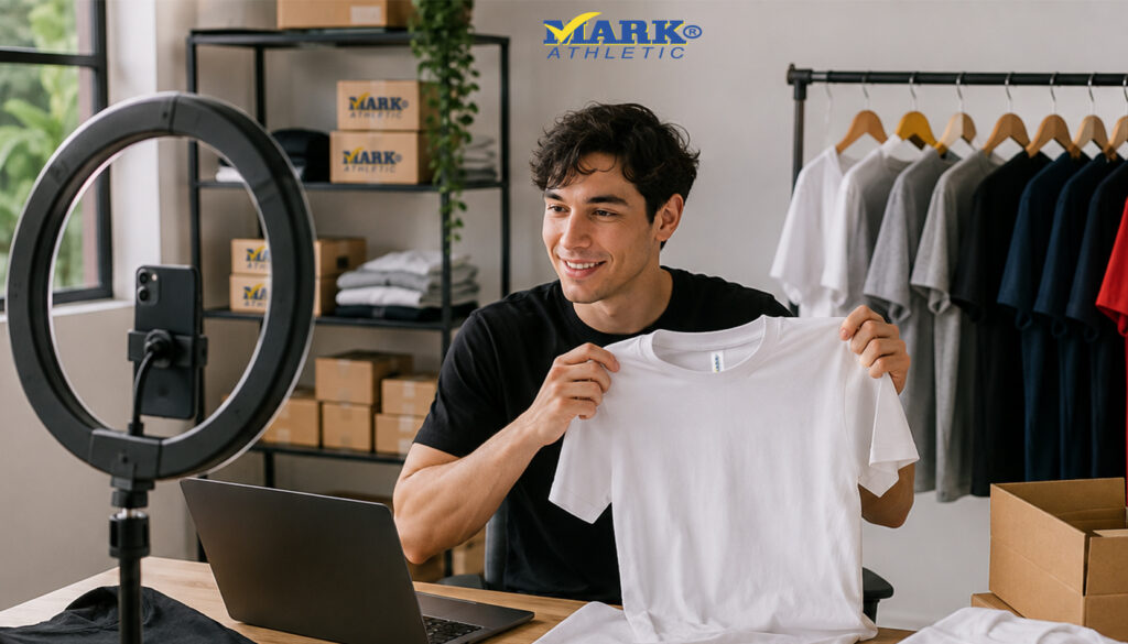 Creador de contenido mostrando una playera del Programa de Embajadores de Playeras Mark